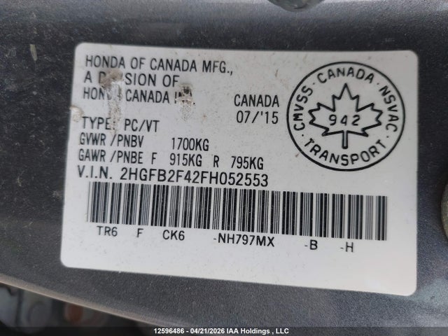 Aukcja sprzedaży 2015 Honda Civic Lx, vin: 2HGFB2F42FH052553, numer aukcji: 12596486