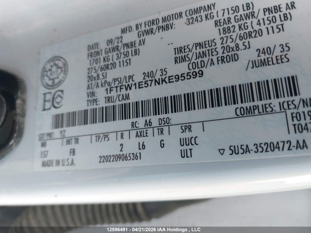 Auction sale of the 2022 Ford F-150 Xlt, vin: 1FTFW1E57NKE95599, lot number: 12596491
