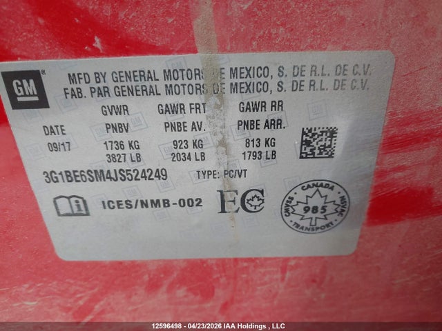 Продаж на аукціоні авто 2018 Chevrolet Cruze Lt, vin: 3G1BE6SM4JS524249, номер лоту: 12596498