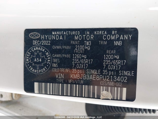 2023 Hyundai Tucson Sel მანქანა იყიდება აუქციონზე, vin: KM8JB3AE8PU213402, აუქციონის ნომერი: 12596508