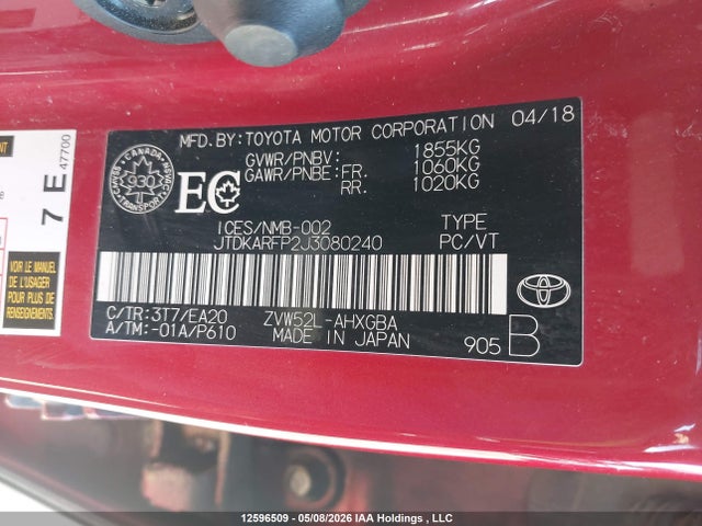 12596509 :رقم المزاد ، JTDKARFP2J3080240 vin ، 2018 Toyota Prius Prime Upgrade مزاد بيع