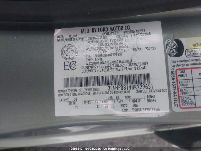 Продажа на аукционе авто 2008 Ford Fusion Sel, vin: 3FAHP08148R229651, номер лота: 12596517