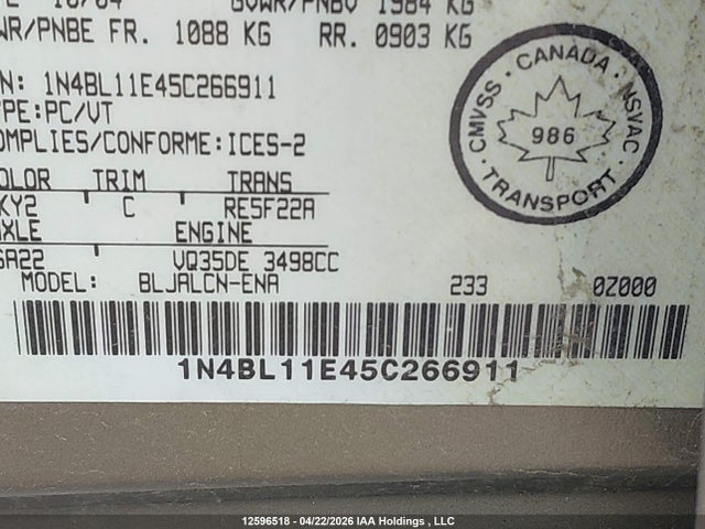 Продаж на аукціоні авто 2005 Nissan Altima 3.5 S/3.5 Se/3.5 Se-r, vin: 1N4BL11E45C266911, номер лоту: 12596518