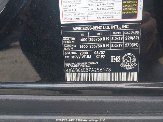 Продажа на аукционе авто 2007 Mercedes-benz Ml 350, vin: 4JGBB86E87A256178, номер лота: 12596522