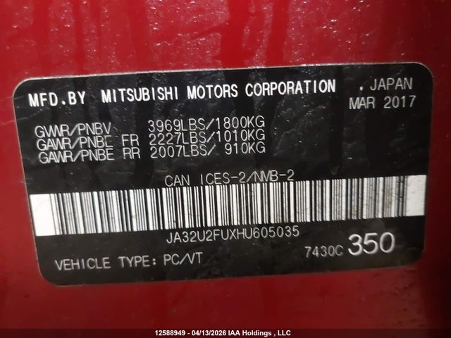 12588949 :رقم المزاد ، JA32U2FUXHU605035 vin ، 2017 Mitsubishi Lancer Es/se Anniversary Edition/se Black Edition/se Ltd مزاد بيع