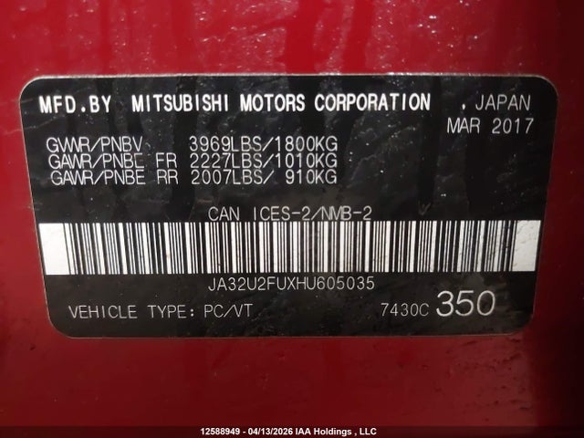 12588949 :رقم المزاد ، JA32U2FUXHU605035 vin ، 2017 Mitsubishi Lancer Es/se Anniversary Edition/se Black Edition/se Ltd مزاد بيع