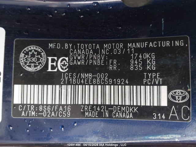 2011 Toyota Corolla Ce მანქანა იყიდება აუქციონზე, vin: 2T1BU4EE8BC591924, აუქციონის ნომერი: 12591494