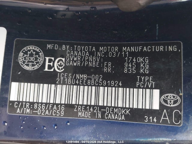 2011 Toyota Corolla Ce მანქანა იყიდება აუქციონზე, vin: 2T1BU4EE8BC591924, აუქციონის ნომერი: 12591494