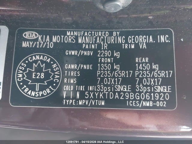 Продаж на аукціоні авто 2011 Kia Sorento Lx V6, vin: 5XYKTDA29BG061920, номер лоту: 12591791