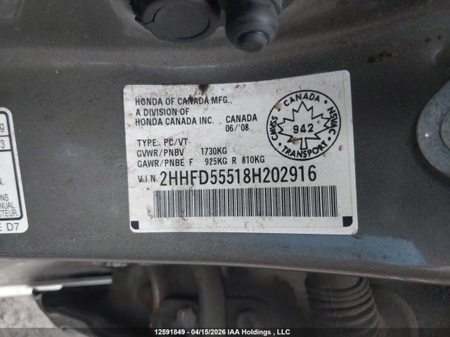Aukcja sprzedaży 2008 Acura Csx, vin: 2HHFD55518H202916, numer aukcji: 12591849