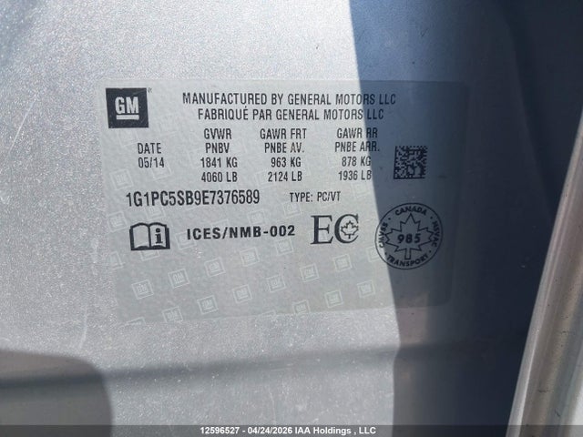 12596527 :رقم المزاد ، 1G1PC5SB9E7376589 vin ، 2014 Chevrolet Cruze Lt مزاد بيع