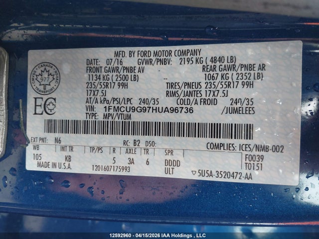 1FMCU9G97HUA96736 Ford ESCAPE SE