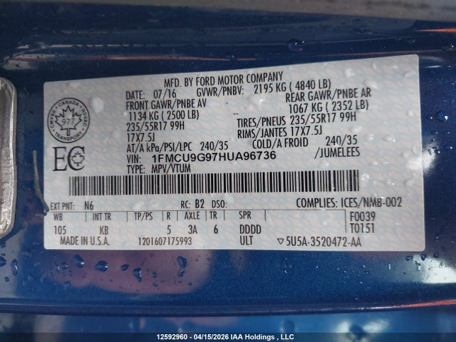 1FMCU9G97HUA96736 Ford ESCAPE SE