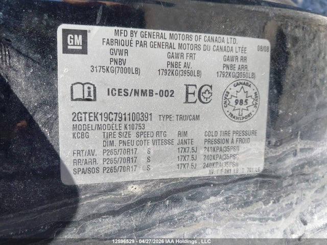 Aukcja sprzedaży 2009 Gmc Sierra 1500 Sl/sle/wt, vin: 2GTEK19C791100391, numer aukcji: 12596529