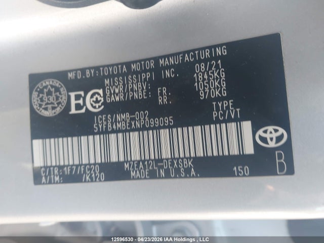 2022 Toyota Corolla Se მანქანა იყიდება აუქციონზე, vin: 5YFB4MBEXNP099095, აუქციონის ნომერი: 12596530