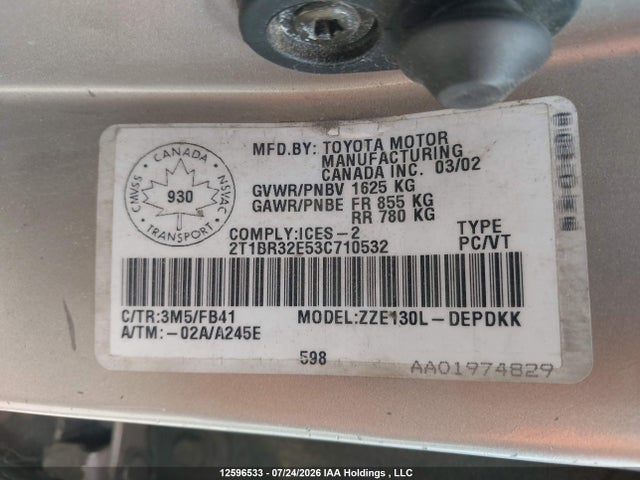 Продажа на аукционе авто 2003 Toyota Corolla, vin: 2T1BR32E53C710532, номер лота: 12596533