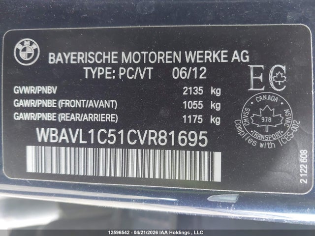 12596542 :رقم المزاد ، WBAVL1C51CVR81695 vin ، 2012 Bmw X1 Xdrive28i مزاد بيع
