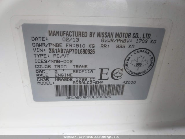 Продаж на аукціоні авто 2013 Nissan Sentra 1.8 S/1.8 Sv, vin: 3N1AB7AP7DL690926, номер лоту: 12596547