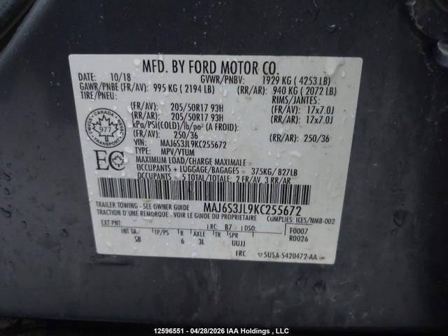 Продажа на аукционе авто 2019 Ford Ecosport Ses, vin: MAJ6S3JL9KC255672, номер лота: 12596551