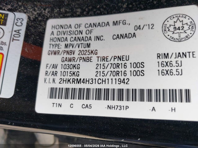 Aukcja sprzedaży 2012 Honda Cr-v Lx, vin: 2HKRM4H31CH111942, numer aukcji: 12596555