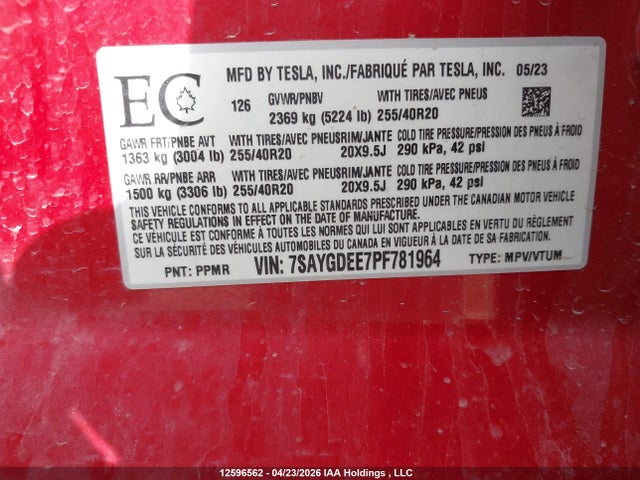 Aukcja sprzedaży 2023 Tesla Model Y Long Range, vin: 7SAYGDEE7PF781964, numer aukcji: 12596562