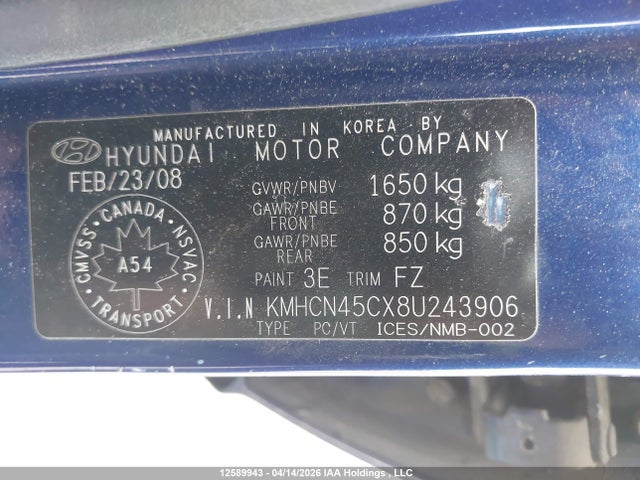 Aukcja sprzedaży 2008 Hyundai Accent Gl/gls/l, vin: KMHCN45CX8U243906, numer aukcji: 12589943