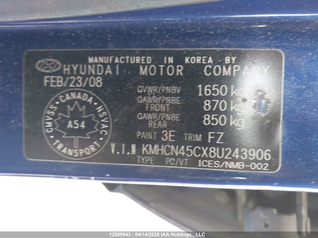Aukcja sprzedaży 2008 Hyundai Accent Gl/gls/l, vin: KMHCN45CX8U243906, numer aukcji: 12589943