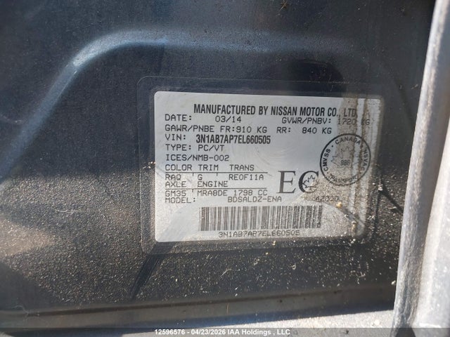 2014 Nissan Sentra მანქანა იყიდება აუქციონზე, vin: 3N1AB7AP7EL660505, აუქციონის ნომერი: 12596576