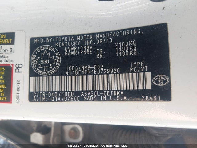12596597 :رقم المزاد ، 4T1BF1FK1EU729920 vin ، 2014 Toyota Camry Le مزاد بيع