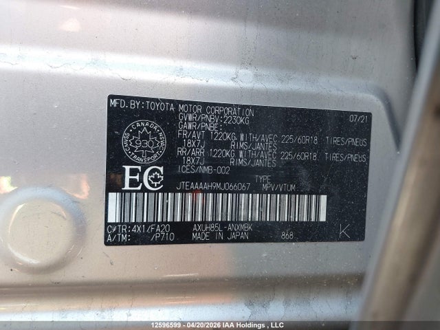 12596599 :رقم المزاد ، JTEAAAAH9MJ066067 vin ، 2021 Toyota Venza Le/xle/limited مزاد بيع