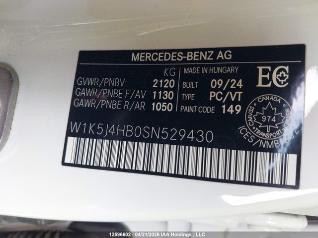 Aukcja sprzedaży 2025 Mercedes-benz Cla 250 Coupe 4maitc, vin: W1K5J4HB0SN529430, numer aukcji: 12596602