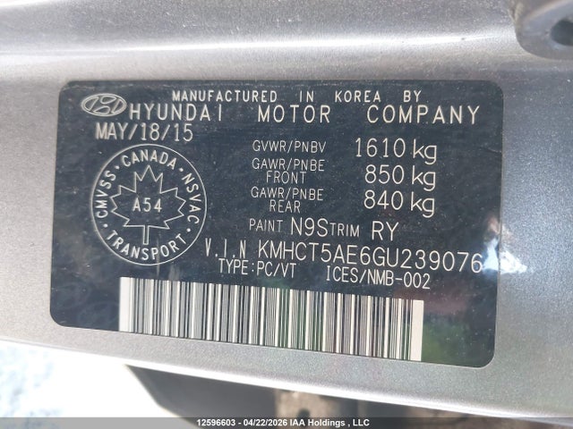 12596603 :رقم المزاد ، KMHCT5AE6GU239076 vin ، 2016 Hyundai Accent Gl مزاد بيع