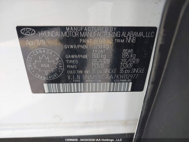 2019 Hyundai Santa Fe Ultimate 2.0 მანქანა იყიდება აუქციონზე, vin: 5NMS5CAA7KH112977, აუქციონის ნომერი: 12596608