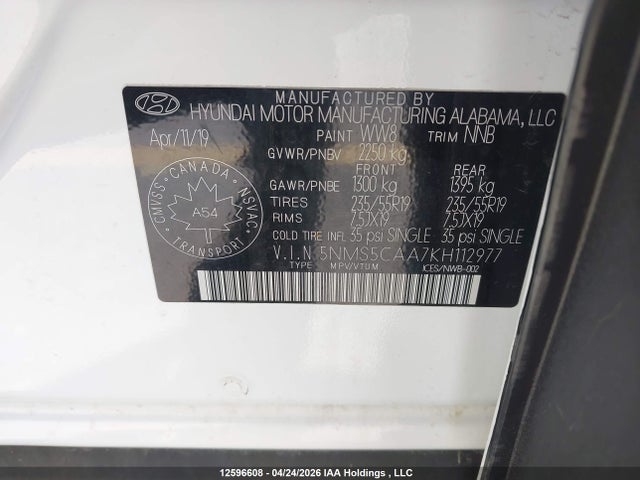 2019 Hyundai Santa Fe Ultimate 2.0 მანქანა იყიდება აუქციონზე, vin: 5NMS5CAA7KH112977, აუქციონის ნომერი: 12596608