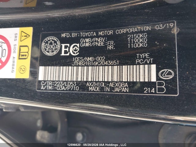 12596620 :رقم المزاد ، JTHB21B16K2043651 vin ، 2019 Lexus Es 300h 300h مزاد بيع
