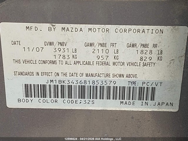2008 Mazda Mazda3 Sport მანქანა იყიდება აუქციონზე, vin: JM1BK343681853579, აუქციონის ნომერი: 12596624