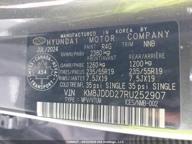 12596627 :رقم المزاد ، KM8JDDD27RU252907 vin ، 2024 Hyundai Tucson Ultimate مزاد بيع