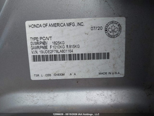 12596639 :رقم المزاد ، 19UDE2F78LA801164 vin ، 2020 Acura Ilx مزاد بيع