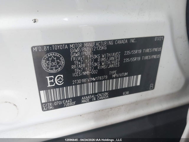 12596645 :رقم المزاد ، 2T3D1RFV7MW178379 vin ، 2021 Toyota Rav4 Limited مزاد بيع