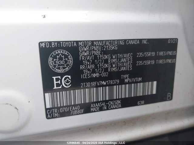 12596645 :رقم المزاد ، 2T3D1RFV7MW178379 vin ، 2021 Toyota Rav4 Limited مزاد بيع