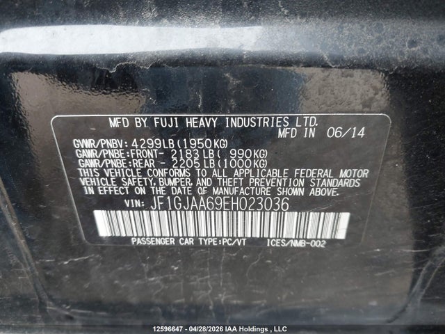 Aukcja sprzedaży 2014 Subaru Impreza, vin: JF1GJAA69EH023036, numer aukcji: 12596647