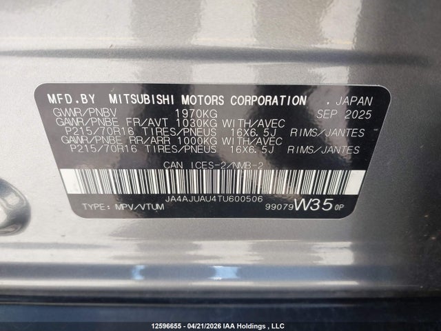 Aukcja sprzedaży 2026 Mitsubishi Rvr, vin: JA4AJUAU4TU600506, numer aukcji: 12596655