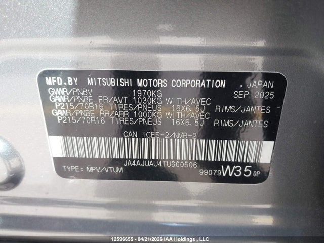 Aukcja sprzedaży 2026 Mitsubishi Rvr, vin: JA4AJUAU4TU600506, numer aukcji: 12596655