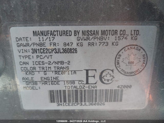 Продажа на аукционе авто 2018 Nissan Versa Note 1.6 S/1.6 Sr/1.6 Sv, vin: 3N1CE2CP3JL360826, номер лота: 12596658