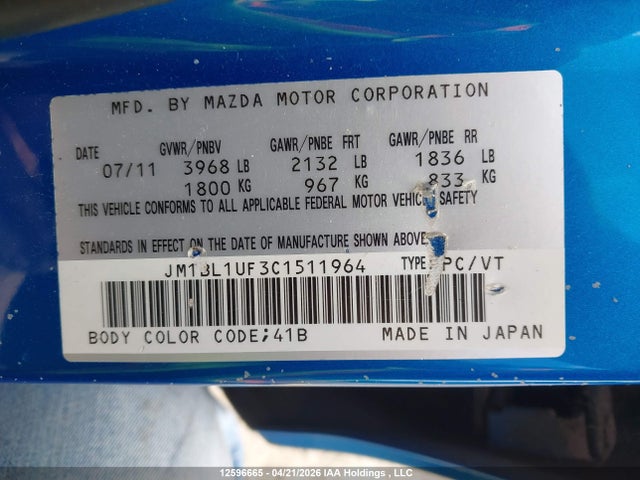 Продажа на аукционе авто 2012 Mazda Mazda3 Gx, vin: JM1BL1UF3C1511964, номер лота: 12596665