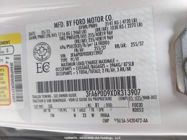 Aukcja sprzedaży 2013 Ford Fusion Titanium, vin: 3FA6P0D9XDR313907, numer aukcji: 12596670