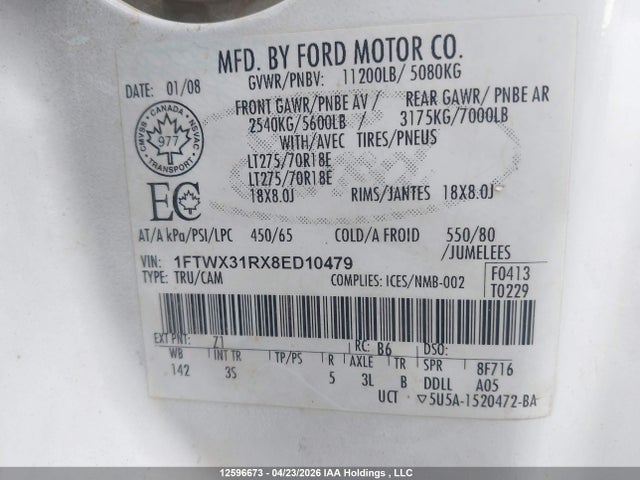 Продажа на аукционе авто 2008 Ford F-350 Fx4/lariat/xl/xlt, vin: 1FTWX31RX8ED10479, номер лота: 12596673