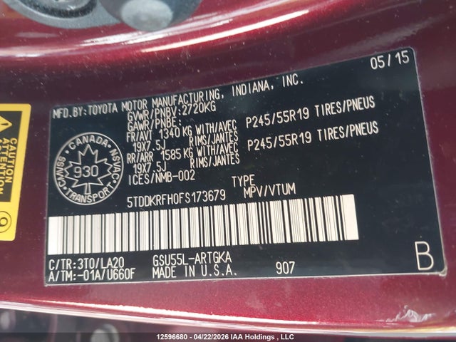 2015 Toyota Highlander Limited/ltd Platinum მანქანა იყიდება აუქციონზე, vin: 5TDDKRFH0FS173679, აუქციონის ნომერი: 12596680