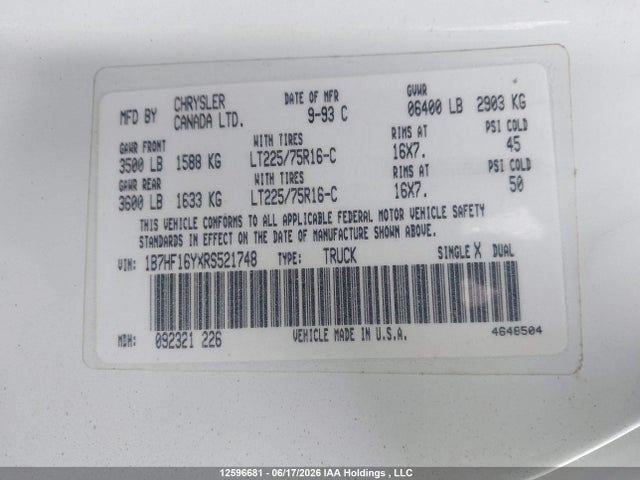 Aukcja sprzedaży 1994 Dodge Ram 1500, vin: 1B7HF16YXRS521748, numer aukcji: 12596681