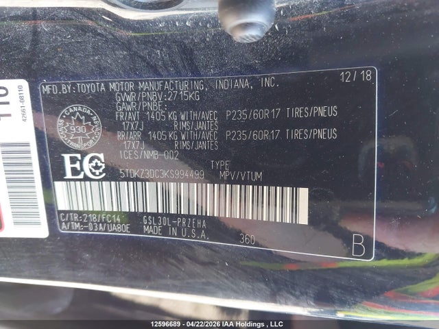 5TDKZ3DC3KS994499 Toyota SIENNA LE